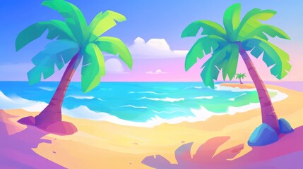 Fototapeta na wymiar A tranquil beach features palm trees casting shade their elongated leaves set against a bright blue sky Soft waves gently caress the shore creating a peaceful coastal atmosphere