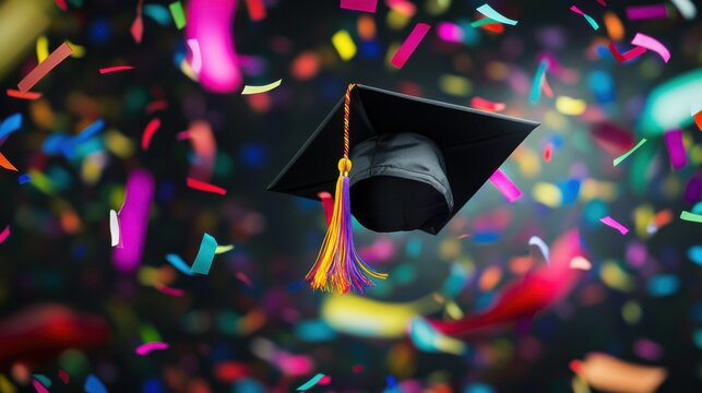 A vibrant scene of graduation season with a cap tossed into the air and colorful confetti falling, Academic setting, Joyful style