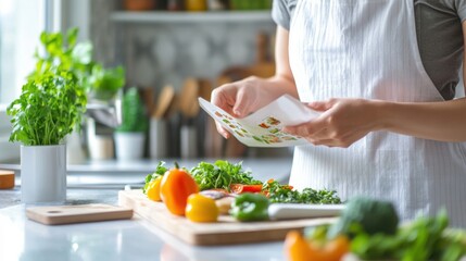 A dietitian preparing a personalized meal plan with fresh ingredients in a bright kitchen, with nutrition guides and recipe cards visible, Healthy style