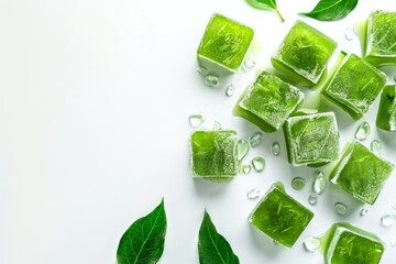 Obraz premium Frozen green puree cubes, green vegetables, broccoli freeze, mashed iced greens, blended frozen mint