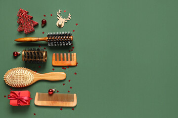 Hairdresser's supplies with gift and Christmas decor on green background