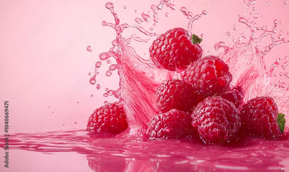 Poster fresh raspberries splashing with juice on pink gradient background