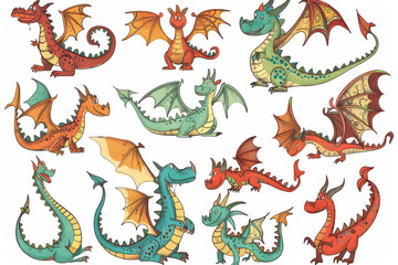 Obraz premium Funny dragons doodle set, cartoon dino, graphic dinosaurs isolated, monster animals