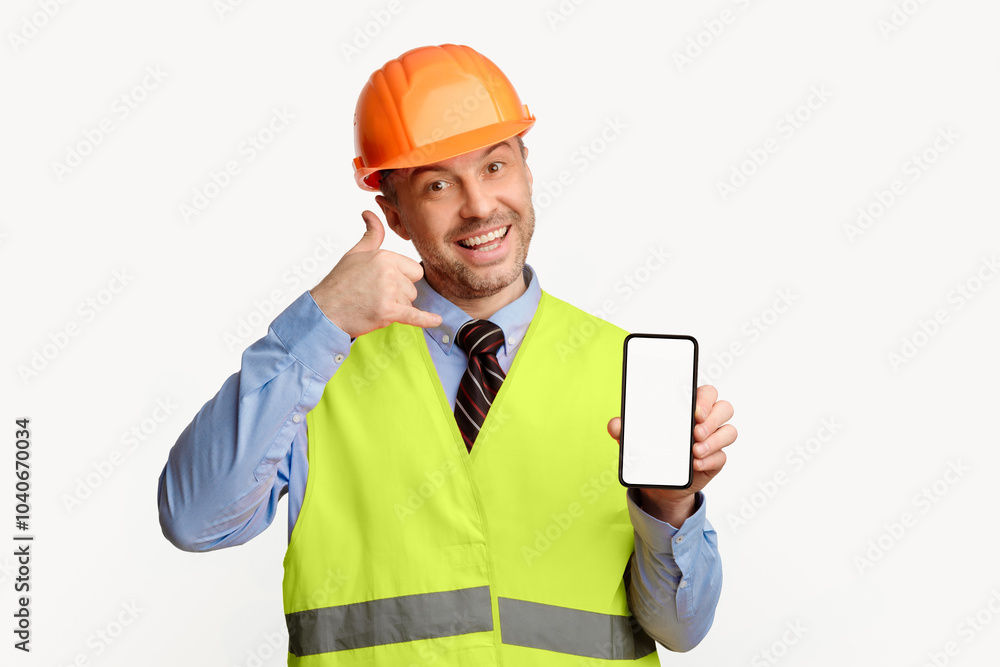 Poster Builder Man Showing Phone Blank Screen Gesturing To Call Him Posing Over White Studio Background. Building Services Concept. Mockup