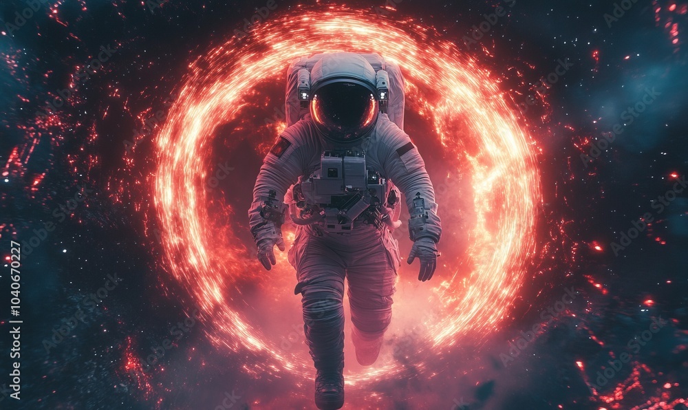 Sticker exiting the void. a futuristic space astronaut exiting a glowing loop through time.