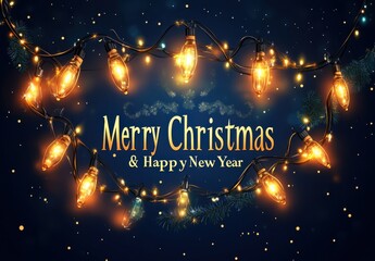 Fototapeta premium Christmas lights garland on a dark blue background with the text 