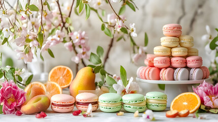 An Enchanting Garden Party Dessert Table Featuring an Array of Pastel Colored Macarons and Fresh...