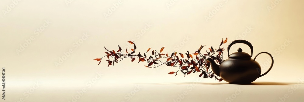 Aufkleber a teapot seamlessly transitions into vibrant tea leaves, creating an engaging abstract visual repres