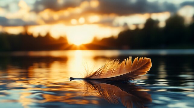 A single feather floats on the surface of a still lake at sunset, reflecting the golden light of the sky.