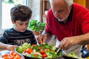 Grandfather and grandson preparing a salad for dinner