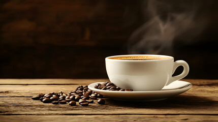 A Cozy Moment: Enjoying Steaming Black Coffee Surrounded by Coffee Beans in a Rustic Cafe Setting