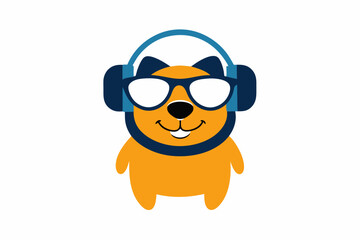 Vector illustration of funny laughing dog wearing sunglasses and headphones with outline.on white background.