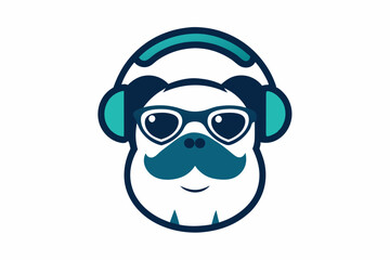 Vector illustration of funny laughing dog wearing sunglasses and headphones with outline.on white background.