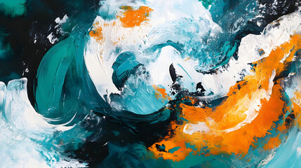 A harmonious blend of teal tones and bold orange forms creating an abstract composition full of movement and vibrancy