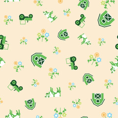 Charming and Beautiful Farm Themed Pattern Featuring Tractors Alongside Colorful Flowers