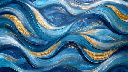 Fototapeta premium A mesmerizing blend of oceanic blue shades swirling gently with golden highlights creating a luxurious abstract texture
