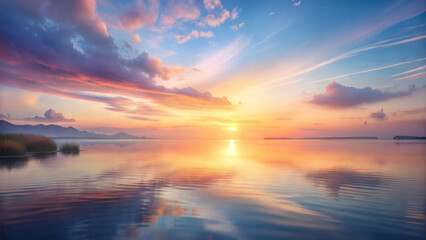 Obraz premium Serene sunrise over a calm lake with pastel reflections and soft clouds in the sky