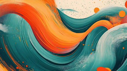 A dynamic combination of teal waves and bold orange shapes forming an abstract and colorful design full of movement