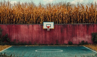 Basketball court adjacent to a corn field