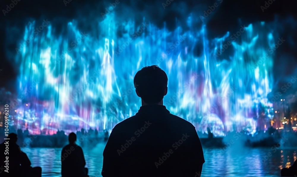 Poster an awe-inspiring image of a person watching a 3d projection mapping show, capturing the wonder and e