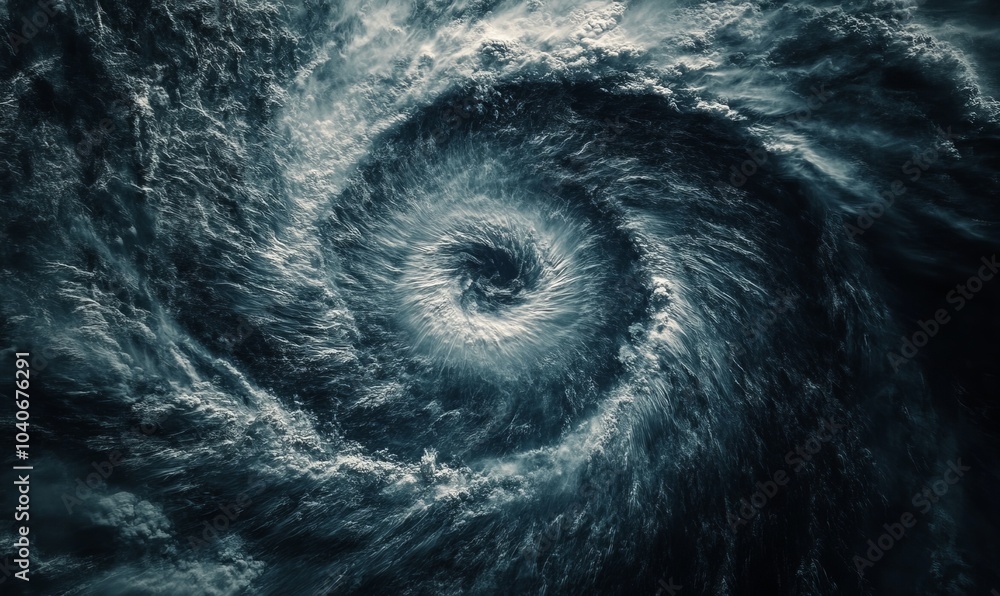 Poster aerial view of a tornado vortex showcasing isolated black background with swirling winds and water p