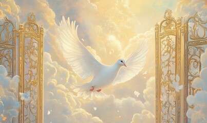 An illustration of a dove gracefully flying through the pearly gates of heaven The painting features a soft, luminous color palette and delicate lines, highlighting the spiritual significance