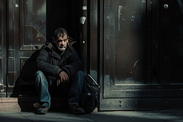 Homeless man sitting on street, begging for help, money, drug addict, refugees, poor man, alcohol