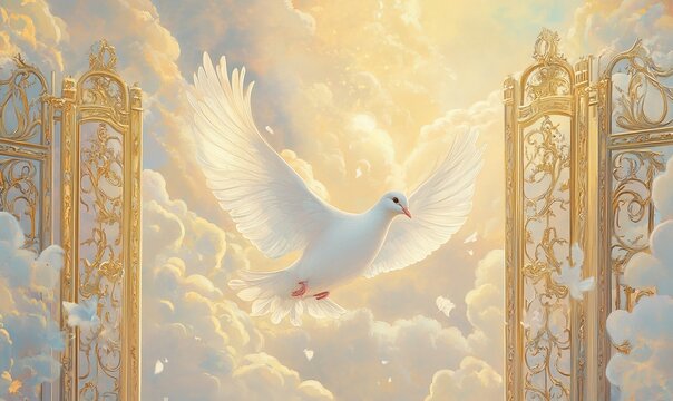 An illustration of a dove gracefully flying through the pearly gates of heaven The painting features a soft, luminous color palette and delicate lines, highlighting the spiritual significance