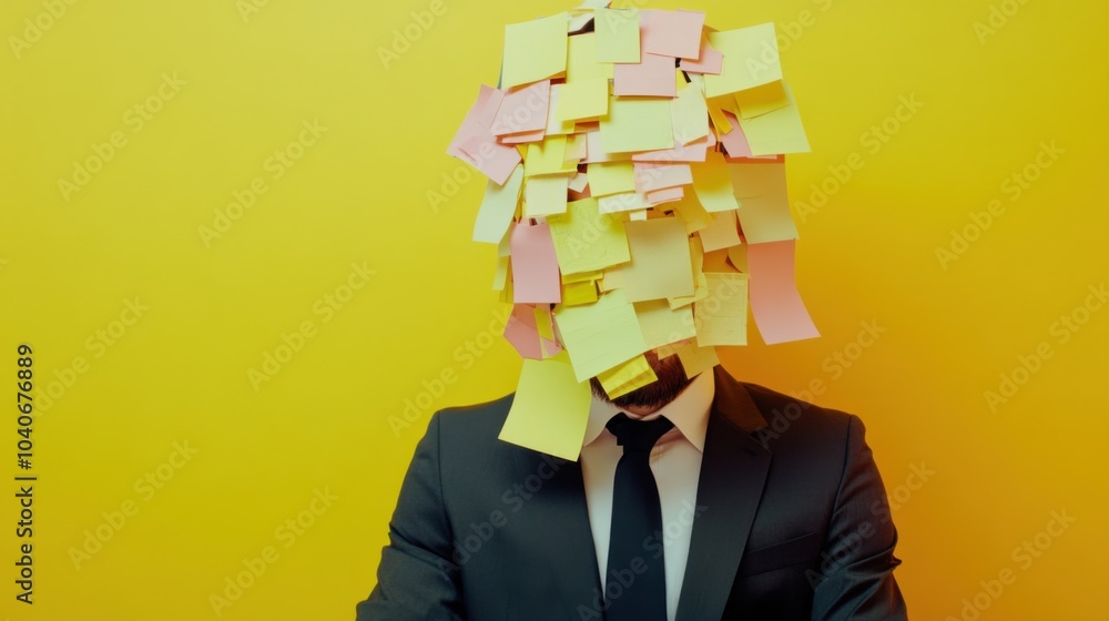 Poster A whimsical image of a person wearing a suit made entirely of sticky notes, symbolizing the overwhelming nature of modern work and tasks, Office setting