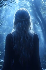Fototapeta premium a beautiful girl figure in her 30s, with blonde hair and bright supernatural blue eyes. She is wearing a dark robe and standing in a mysterious forest, supernatural mysterious and eerie