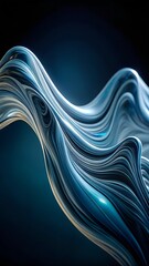 Flowing abstract waves of blue and silver gracefully undulate against a dark background, showcasing fluid motion and artistic design