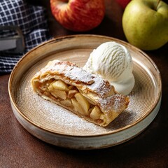 Apple strudel with vanilla ice cream