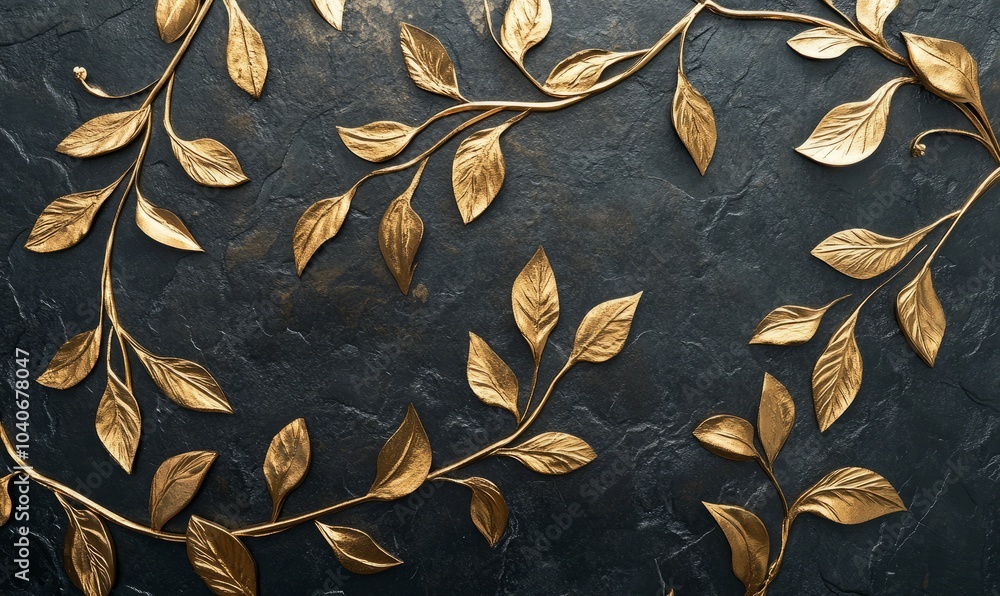 Poster a detailed view of exquisite gold leaf patterns adorning a dark matte surface, creating a striking a