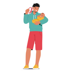 Joyful Cartoon Father Character Tenderly Holds His Newborn While Engaging With A Colorful Rattle