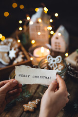 Woman holding a note Merry Christmas in front of festive holiday home decor with bokeh lights. Tasty treat for Santa Claus. Cozy festive home atmosphere, gingerbread cookies, fir tree branches