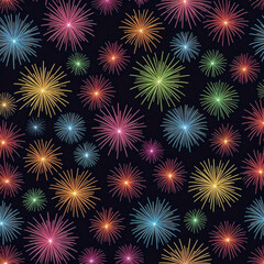 Colorful fireworks pattern on black background, festive design concept for celebrations