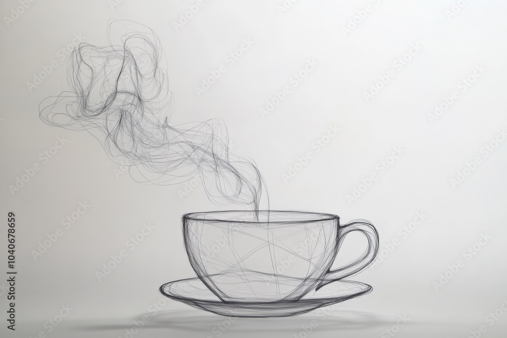 Poster a continuous line art piece illustrates a tea cup with soft steam rising, evoking feelings of warmth
