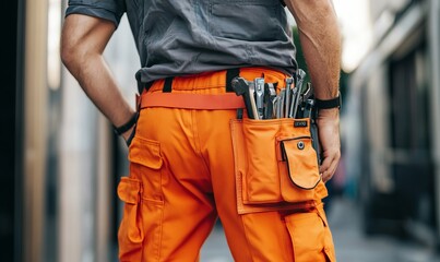 A back view of a worker wearing a fully equipped tool belt over bright orange work pants, capturing the essence of workwear and readiness for labor tasks