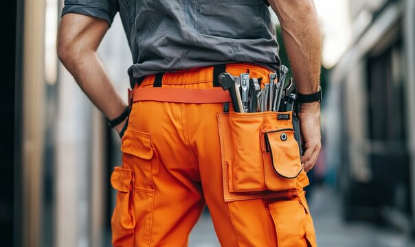 A back view of a worker wearing a fully equipped tool belt over bright orange work pants, capturing the essence of workwear and readiness for labor tasks
