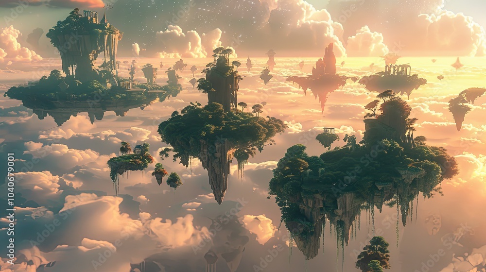 Aufkleber a landscape where the sky is filled with floating islands, each with its own unique ecosystem