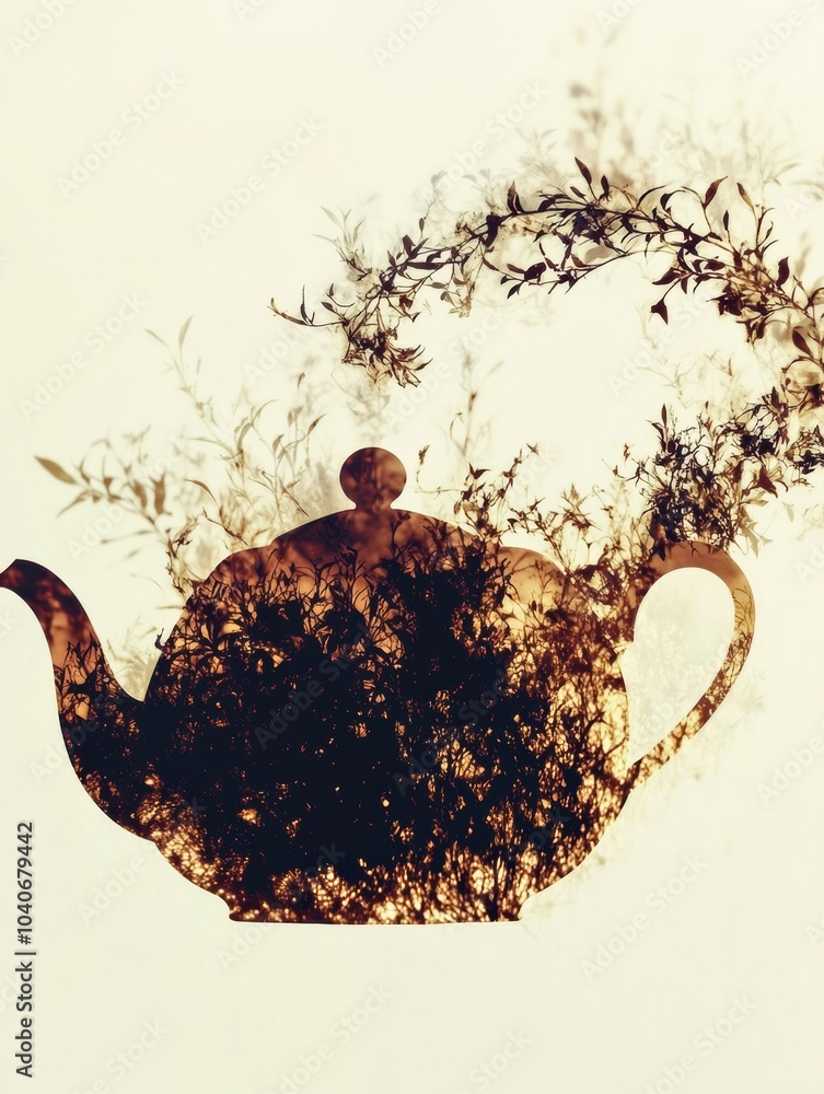 Poster a teapot silhouette transforms into flowing tea leaves, creating an artistic connection between brew
