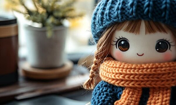 A cute doll wearing a knitted hat and scarf, sitting indoors.