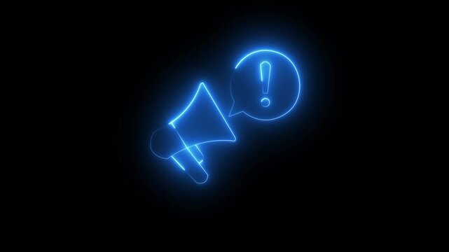 bright blue  neon Loudspeaker and speech bubble with exclamation mark. Important announcement, warning. glowing neon  linear icon isolated on black background.