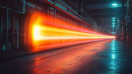 A Thriller movie set in a modern, empty dairy factory at night. Rainbow Color trail dding a surreal and otherworldly element to the scene.