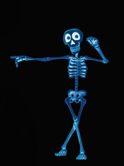 skeleton cartoon is dancing and showing the way out with style
