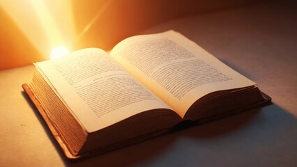 Obraz premium A beautifully illuminated book opens wide, revealing pages with wisdom under a radiant sunrise