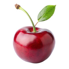 PNG illustration of a vibrant red cherry with a shiny surface and a green leaf, isolated on a clean white background, perfect for use in culinary designs, recipes, or fruit-related themes.