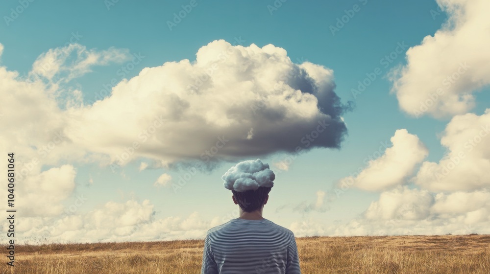 Poster a whimsical scene of a person with their head in the clouds, symbolizing daydreaming and escapism in