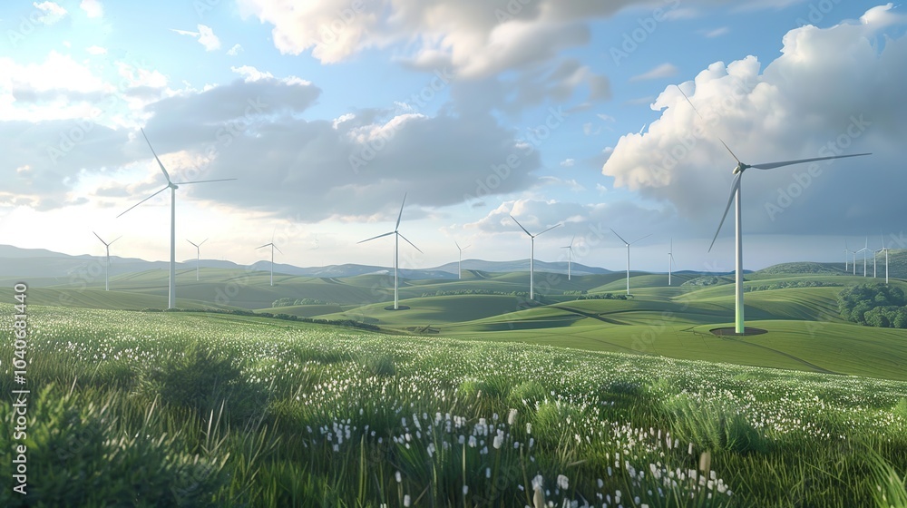 Poster a large wind farm with numerous wind turbines rotating gracefully in an open field, set against a ba