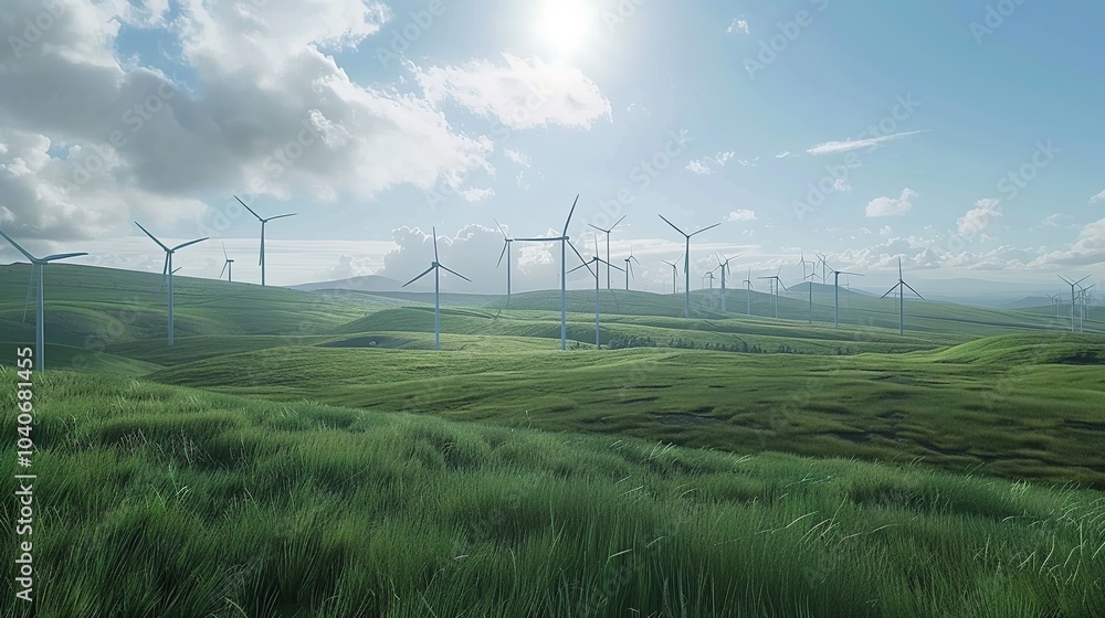 Poster a large wind farm with numerous wind turbines rotating gracefully in an open field, set against a ba